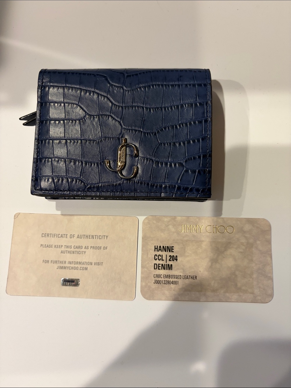 Jimmy Choo Denim Blue Croc-Embossed Key & Card Holder with JC Monogram